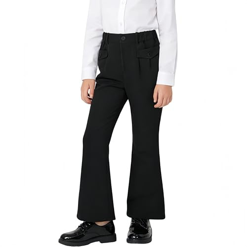 Rolanko Girls School Trousers, Elastic Waist Flare Straight Leg Stretch Uniform Formal Dress Suit Pants, Black, 150,10-11 Years