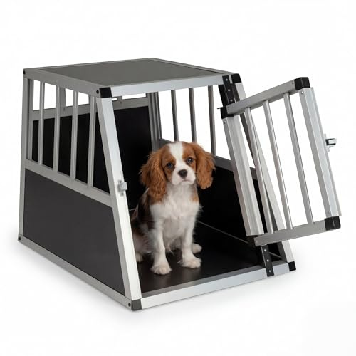 GYMAX Travel Dog Crate, Aluminum Dog Transport Box with Lockable Door & Trapezoidal Design, Chew-proof Puppy Cage for Camping Truck (69.5 x 54 x 50.5 cm,without Removable Divider) | Aluminum Dog Transport Box with Lockable Door & Trapezoidal Design, Chew-proof Puppy Cage for Camping Truck