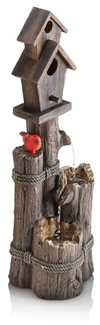 Alpine Corporation 35 Tall Outdoor 3-Tier Birdhouse Water Fountain with Cardinal Accent, Rustic Floor Decor for Garden and Patio, Brown