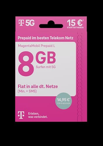 Telekom MagentaMobil Prepaid L I 8 GB datavolym I SIM-kort utan avtal I Allnet Flat (Min, SMS) i alla typer. Netze I EU-Roaming I Surfa med 5G/LTE Max & Hotspot Flat
