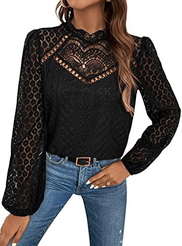 GORGLITTER Damen Elegant Blusen Stehkragen Oberteiel Hemdbluse Langarm Spitzen Tunika Bluse mit Laternenärmeln Schwarz L