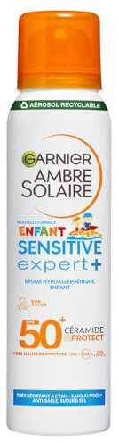 GARNIER Ambre Solaire - Brume Anti-Sable Kids FPS 50+ - Haute Protection Solaire - Protège des UVA, UVB & UVA Longs - Résiste à L'Eau - À Base De Céramides - Peaux Sensibles - 150 ml