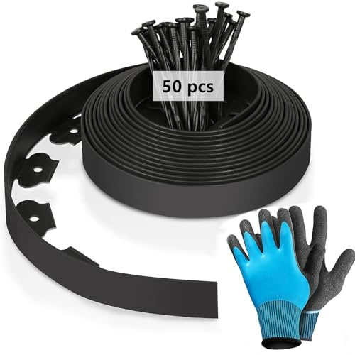 MeYuxg Bordo Giardino Flessibile, Bordi Aiuole Plastica, con 50 Chiodi di Fissaggioe un paio di Guanti, Lunghezza 10m, Altezza 5cm, Nero