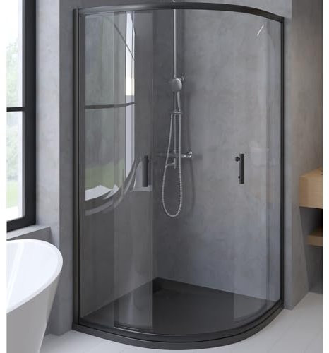 BADLAND Komplettes Set - Duschkabine HELA + Duschwanne VIDAR 90x90 193 cm - Viertelkreis Duschabtrennung Transparent Nano Glas 6 mm, Duschtasse Schwarz Steinoptik SMC mit Ablaufgarnitur Ø 90 mm