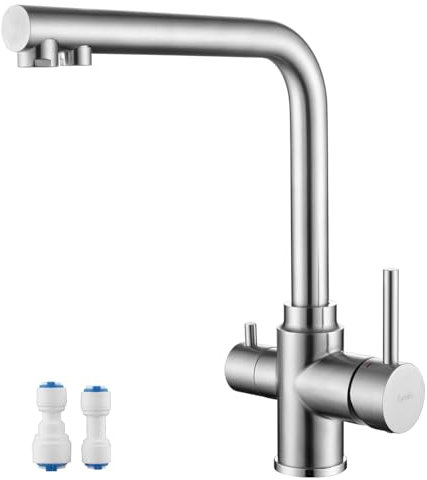 Tondiy Grifo de Cocina 3 Vías Ósmosis, Mezclador Fregadero con 2 Salidas, Grifería de Agua Potable con Palanca Doble, Rotación de 360°, Acero Inoxidable 304, Agua Fría y Caliente, Cepillado