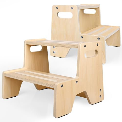Uiirvdy Step Stool for Toddler, Sturdy Wooden 2-Step Stool with Anti-Slip Surface and Pads for Barthroom, Kitchen, Bedroom, Toilet, and Potty Training - 2 Pack