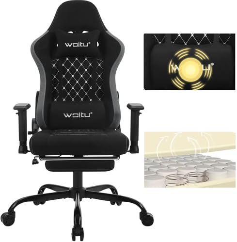 WOLTU Sedia Gaming con Massaggiatore, Poltrona Ufficio Ergonomica, Sedia da Scrivania reclinabile, Poggiatesta,Supporto Lombare, 150 kg, Tessuto tecnologico, Nero+Grigio