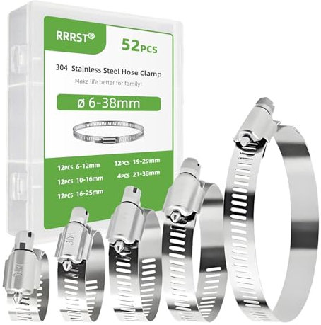 RRRST 52pcs Abrazaderas de Manguera Kit 6mm-38mm, 304 Acero Inoxidable, para Piscinas, Lavadoras, Fontanería, Automoción, 5 Tamaños Diferentes Abrazaderas de Tubo Set