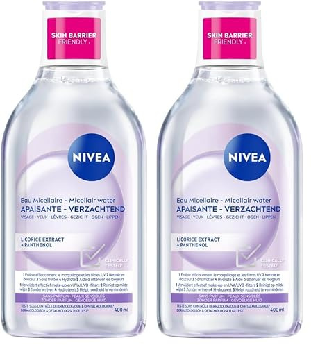 NIVEA Eau Micellaire APAISANTE Peaux Sensibles (1 x 400 ml), démaquillant enrichi aux micelles et acides animés sans parfum, nettoyant visage pour yeux & lèvres (Lot de 2)