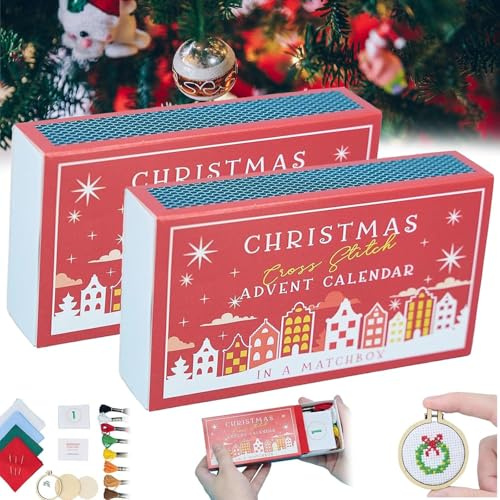 Christmas Cross Stitch Advent Calendar,2025 Christmas Countdown Embroidery Kit,24 Days Countdown Advent Calendar,Christmas Advent Calendar Cross Stitch Patterns for Beginner and Craft Lover (Red-2Pc)