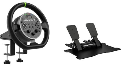 CAMMUS Racing Simulator C5 ，Cubierta de volante de cuero genuino + Real Force Feedback, Magnetic Paddle Shifters，PC - Negro (C5-3Juego)