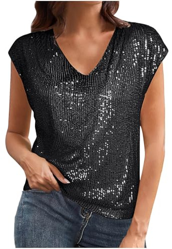 Dyhxuan Lentejuelas Tops Mujer Sexy Cuello de Pico Camiseta Manga Corta Club Camiseta Brillante Tops para Fiesta Cóctel Camiseta Festiva Camiseta Brillante Moda Brillante Blusa Brillante, Negro , XL