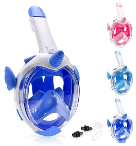 Aischens Schnorchelmaske Kinder, Tauchmaske Vollgesichtsmaske für Kinder 4-12 Jahre, 180° HD Anti-Beschlag Anti-Leck, Vollmaske Taucherbrille Tauchermaske, Snorkeling Mask Wasserspielzeug (Dunkelblau)