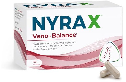 NYRAX® Veno Balance – Unterstützt Bindegewebe* – Hochdosiertes Trio: Rosskastanienextrakt, Rotes Weinrebenextrakt & Brennesselextrakt – 120 Vegane Kapseln in Apothekenqualität