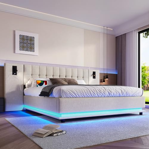 PUGSDRLY Lit Double 180x200cm avec Lampe de Chevet et Port USB,Lit Adulte Capitonné avec Sommier à Lattes et Tête Large,Bande LED,Tissu de Lin,sans Matelas (Beige)