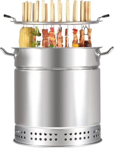 Fumoir Baril De Charbon De Bois BBQ Grill, BBQ Hging Stove, Baril De Grillade De Barbecue en Acier Inoxydable avec 20 Brochettes De Brochette, Panier à Griller Roulant, Supp, Two Layers Large