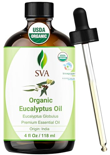 SVA Eucalyptus Essential Oil Organic – 4 Fl Oz – 100% Natural Organic Eucalyptus Oil - for Diffuser, Hair, Face, Skin Care, Aromatherapy, Scalp and Body Massage, Soap and Candle Making - with Dropper