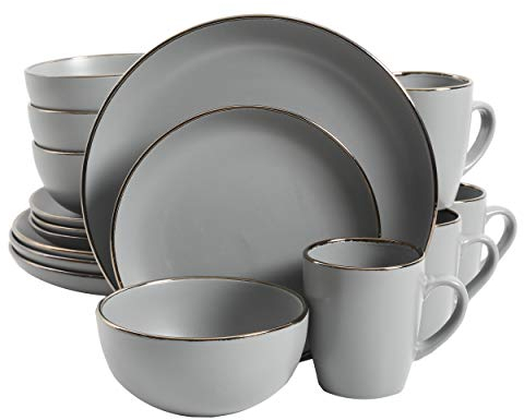 Gibson Home Round Stoneware Rockaway Dinnerware Set, Service for 4 (16pcs), Grey/Gold Rim