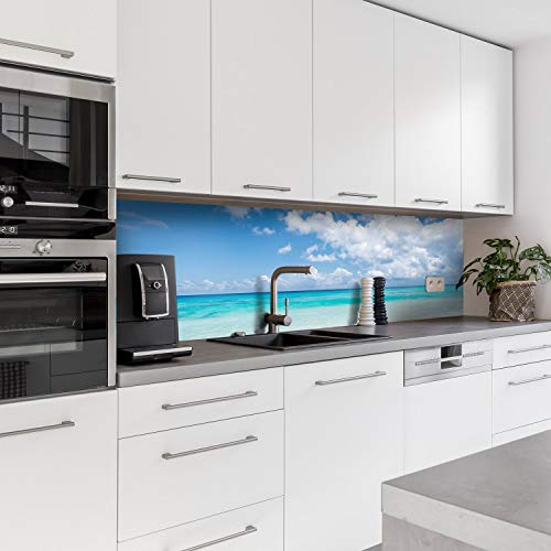 Dedeco köksbakvägg motiv: Strand V3, 5 mm hårdskum, plastplatta PVC som stänkskydd, köksvägg, väggskydd, vattentät, inkl. UV-lack, glänsande, alla underlag, 220 x 60 cm