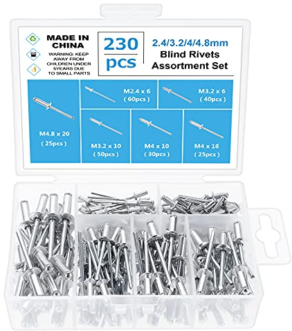 Gueenky 230 Piezas Remaches Aluminio, 2,4/3,2/4/4,8 mm Remaches Ciegos Remaches Pop Caja Remaches Aluminio, 6 Tamaños Surtido Remaches Aluminio para Metal Madera Plástico