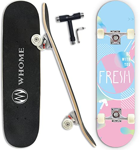 WHOME Pro komplett skateboard för vuxen/barn flickor/nybörjare pojke/Pro - 31 x 8 tum standard, 8-faldig alpin lönnbricka, ABEC-9 lager, inklusive T-verktyg (färskt)