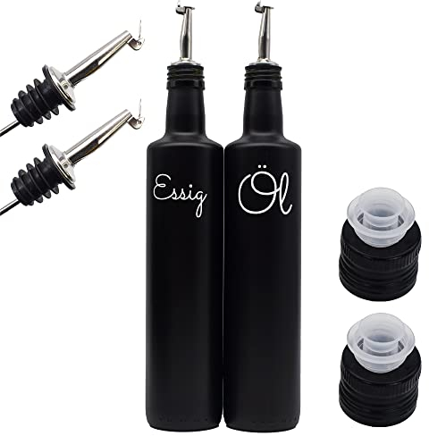 Essig Öl Flaschen Set mit Edelstahl Ausgießer - 500 ml - 2x Deckel in Schwarz - ideal für die Küche (Schriftfarbe: Weiß)