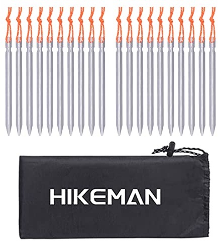 HIKEMAN Confezione da 20 picchetti per tenda in lega di alluminio con borsa con coulisse, per campeggio all'aperto, escursioni, spiaggia, resistenti, colore: argento