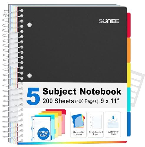 SUNEE 5 Subject Notebook College Ruled - 400 Pages, 9x11, 5 Pocket Colored Dividers, 3-Hole Punched Paper, Black