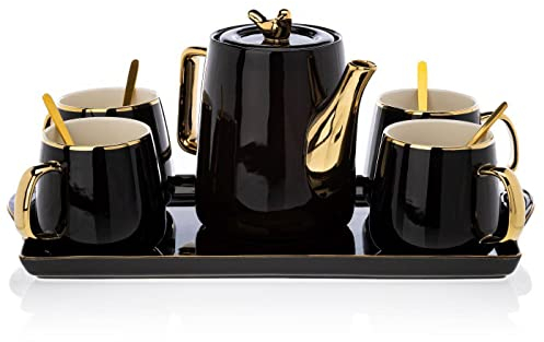 HowHomely Keramik Kaffeeservice für 4 Personen Modern - Schwarz Set mit Kanne, 4 Tassen und Serviertablett - Ideal für Kaffeeset Teeservice oder andere Getränke