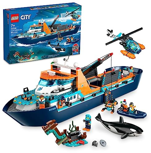 LEGO City Arctic Explorer Ship 60368 Building Toy Set, Fun Toy Gift for 7 Year Old Boys and Girls, with a Floatable Boat, Helicopter, Dinghy, ROV Sub, Viking Shipwreck, 7 Minifigures and an Orca
