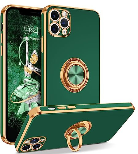 GUAGUA iPhone 11 Pro Max Case with 360° Ring Holder Slim Shockproof Kickstand Support Magnetic Car Mount Women Men Non-Slip Protective Phone Cover for iPhone 11 Pro Max 6.5 inch, Midnight Green/Gold