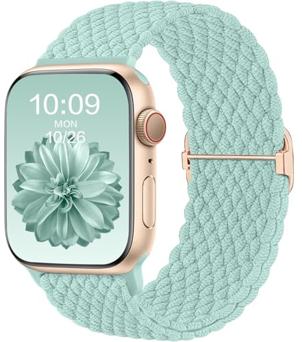 CeMiKa Geflochtenes Armband Kompatibel mit Apple Watch Armband 41mm 40mm 38mm 42mm für Damen Herren, Elastisches Solo Loop Nylon Band für iWatch Series 11 10 9 8 7 6 5 4 SE Ultra 3 2 1, BlauGrün