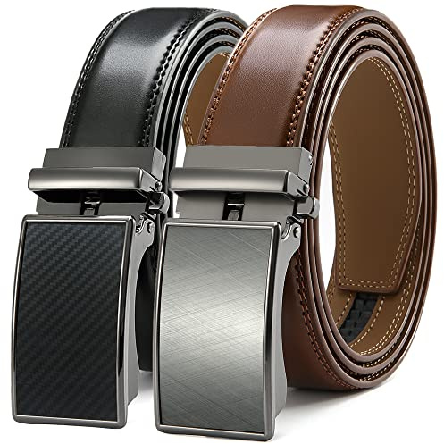 DOOPAI Belt Men, 2 Pack Ratchet Belt Dress Adjustable 1 3/8 Genuine Leather, Designer Belts for Men Metal Buckle, belts Size Length Can be Cut, with Gift Box