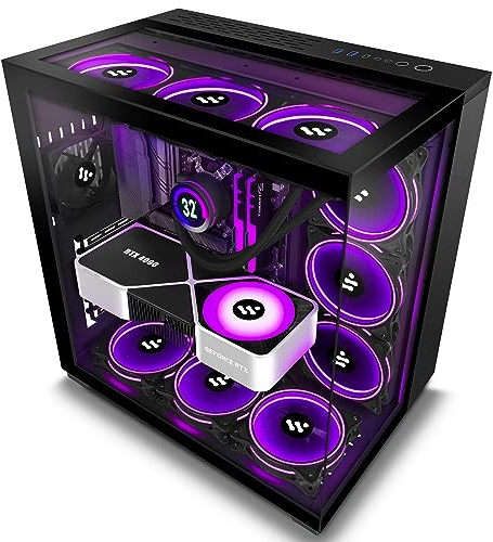AMANSON PC Gehäuse- vorinstalliert 7 PWM-Lüfter, ATX Mid Tower Gaming Gehäuse, mit 3 gehärtetem Glas Vollbild Computergehäuse，H01, Schwarz (Schwarz, H01)