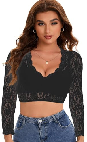 Adisno Dirndl Bluse Damen Spitze Trachten Dirndlbluse,Dirndl Bluse,Dirndl Blouse,Chemisier Dirdnl Femme,Longues avec col en V, Noir (FR/ES, Numérique, 42, Taille Normale, Taille Normale, Noir)