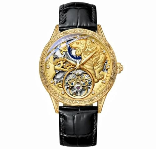 DAXIAOYU Lyxig Tourbillon mekanisk klocka för män, underbart ihåligt skelettmönster snidade självuppdragande automatiska klockor lysande vattentät vintage läderrem armbandsur