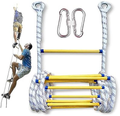 Échelle en corde, 12 m, pour adulte, avec fermeture de sécurité, échelle de secours, échelle de sauvetage ignifuge, capacité de charge 200 kg, échelle de secours pour extérieur, balcon, fenêtre