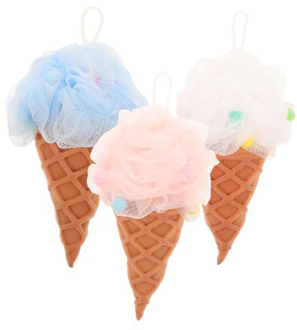 SKISUNO 3pcs Ice Cream Bath Sponge Balls Exfoliating Shower Sponges for Adults Soft and Gentle Body Scrubber in Pink White and Blue for Relaxing Baths