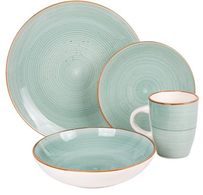 Cofan Vajilla de cerámica color verde agua pintada a mano | Set de 16 piezas | Apta para lavavajillas, microondas y horno