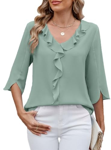ABINGOO Mujer Verano Blusas Gasa Elegantes Manga 3/4 Cuello en V Camisas | Volantes Color Sólido Túnica Blusones Casual Blusa Vestir Camisa Fiesta Tops