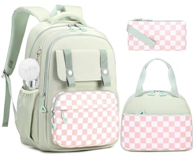 Amythe Girls Backpack with Lunch Box 3Pcs, Waterproof School Bag Set for Teen Elementary Middle School, Multi-Pocket Laptop Bookbag Lightweight, Green