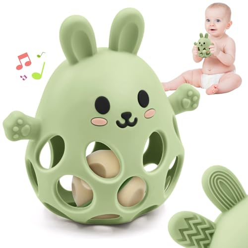 Forma de Conejo de Pascua Alivio de la Dentición Mordedor Juguetes Bebés, Mordedor Seguro con Sonajero, Blandito y Fácil Agarre Silicona Alimenticia, Juguete 3 6 9 12 18 Meses Niño Niña Autismo, Verde