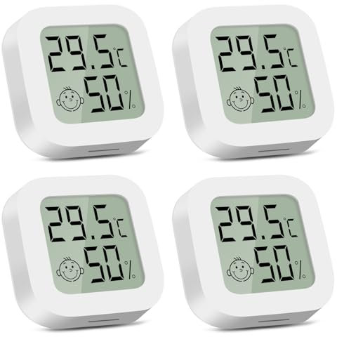 CNMTCCO Thermomètre hygromètre interieur, 4 Pièces Mini Thermometre Digital, Moniteur de Température pour Chambre de Bébé, Bureau, Salon, Serre, Rangement, Sous-sol, Cave à Vin (Blanc)