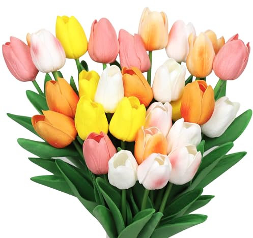 Aramanara 30 Pcs Artificial Tulips Bouquet, Multi Color Fake Tulips, Real Touch Artificial Flowers for Wedding Home Garden DIY Craft(6 Colors)