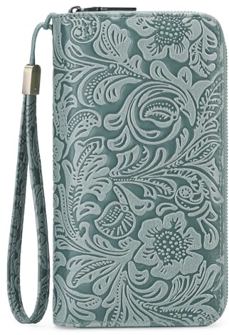 GOIACII Geldbörse Damen Groß Leder Portemonnaie Gross für Frauen mit RFID Blocking Große Kapazität Lang Geldbeutel mit 24 Kartenfächer und Handschlaufe Blau