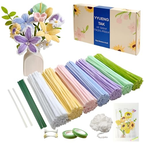 YYUENGTAK 350 Pcs Pipe Cleaners for craft Flowers（Macarons）with tutoria，Fluffy Yarn,Floral Wires,Gardening Tape,Stamens -Pipe Cleaner Flower kit,Chenille Stems for DIY Art Projects Creative Gift Decor