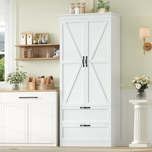 HOCSOK Küchenschrank, Küchenbuffet mit 2 Türen und 2 Schubladen, Buffetschrank Vorratsschrank Küche mit Verstellbare Ablage, Hochschrank Mehrzweckschrank, Weiß