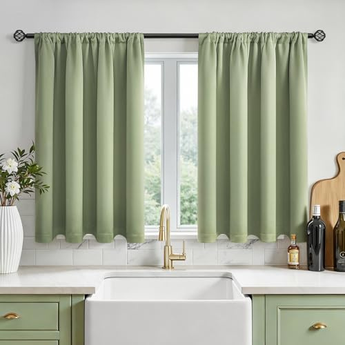 MRTREES Skivgardiner, ogenomskinliga, gröna för kök, små kort fönster, husvagn, 2-pack, H 60 x B 120 cm, bistrogardin med stänger, modern, kort gardin, köksfönster, vattenavvisande