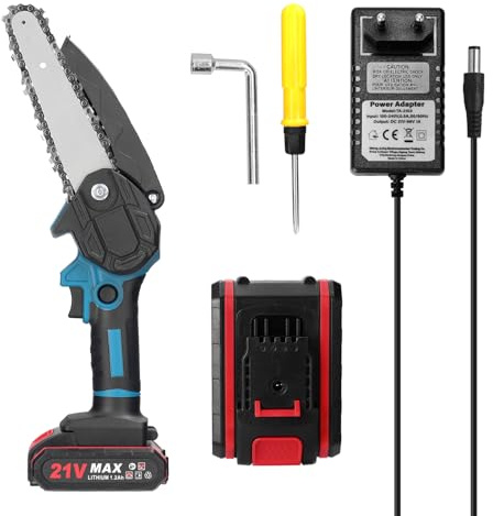 ACAGALA Sierra de podar eléctrica portátil de 21 V de 6 pulgadas, pequeña sierra de cadena de madera para troncos, motor de cepillo, herramienta para trabajar la madera con una sola mano para huertos