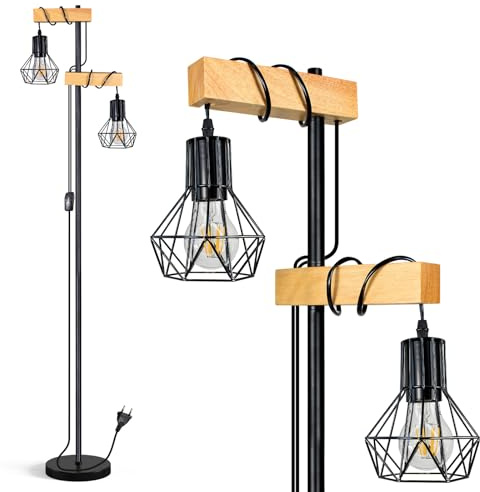 HiBay Lampadaire LED à 2 ampoules E27 - En bois - Vintage - Rustique - Noir - En métal - Avec interrupteur à câble - Pour salon, chambre à coucher, bureau